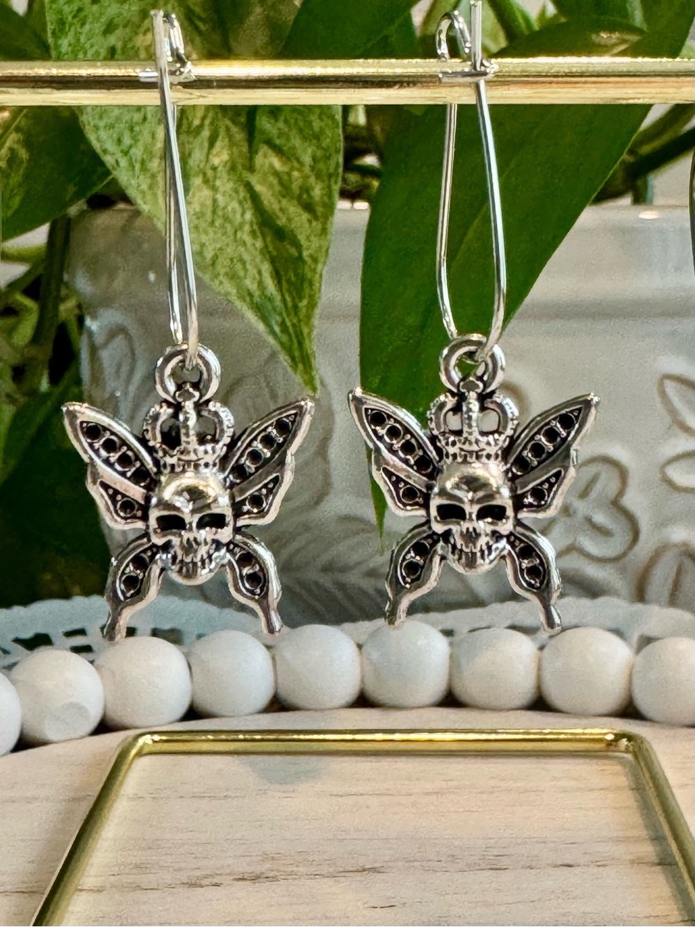 Silver Skull Butterfly Dangle Earrings 1.75 “ long